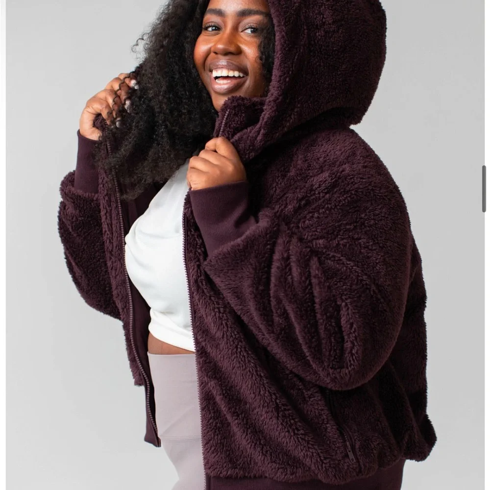 Savvi Amy Sherpa Jacket with Hood, Size Medium, Color Eggplant - Picture 9 of 13